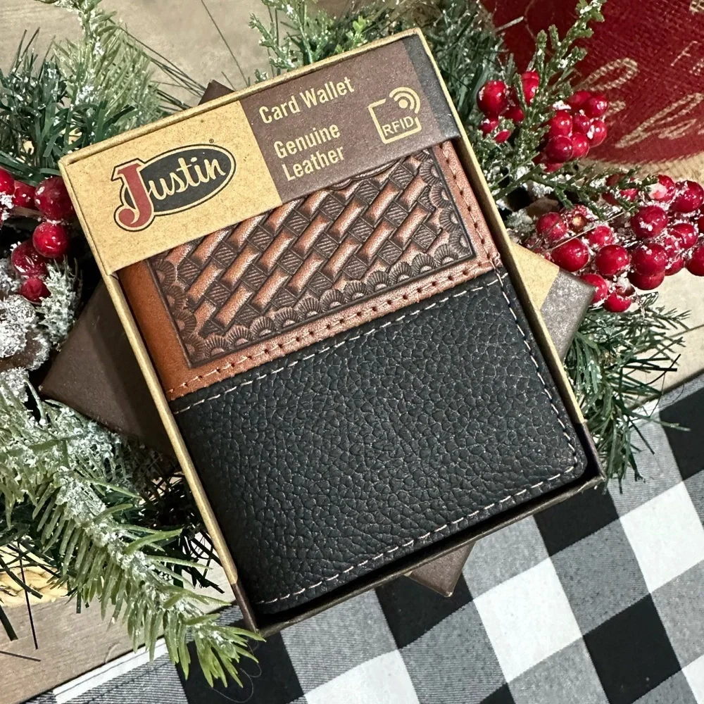 New Justin Boots Mens Leather Wallet Bi Fold Basketweave Card Wallet Brown Black